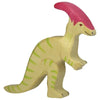 A small wooden Holztiger Parasaurolophus Dinosaur with a light yellow body and green stripes. It has a red crest on its head and is depicted in a standing position. Made in Europe, this handcrafted wood figure showcases simple painted details for the eyes and mouth, reminiscent of HOLZTIGER figures.