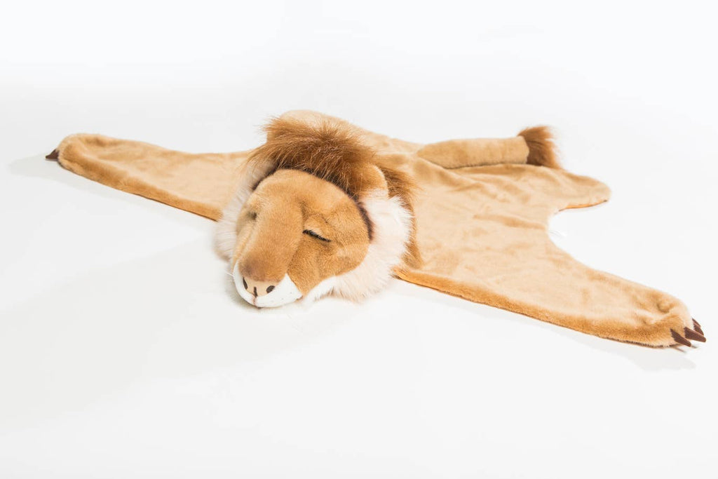 The Costume - Lion is a plush lion rug with an attached stuffed head and faux fur mane, ideal as a cozy blanket or for imaginative play with Wild & Soft animal disguises.