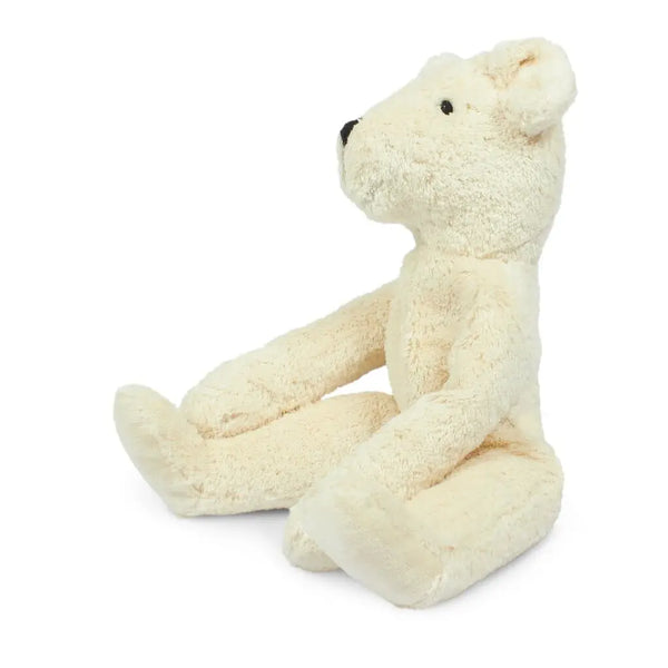 A Senger Naturwelt Stuffed Animal - White Bear sits upright, facing right, with soft fur and simple black eyes and nose against a white background—a sustainable plush toy designed for cuddling.