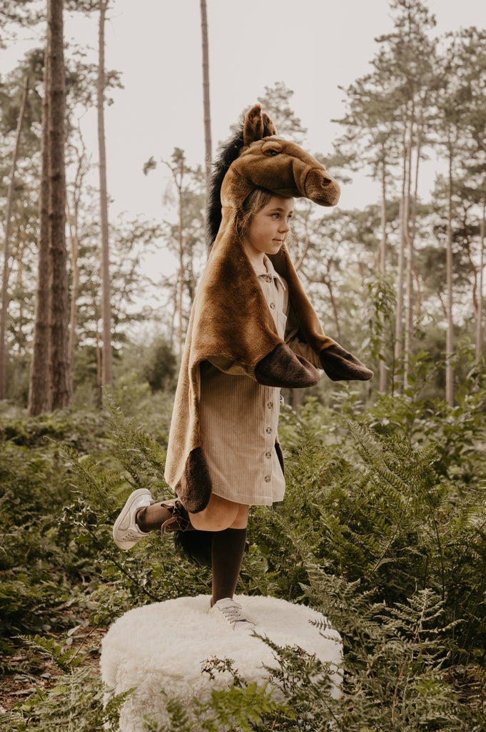 A young child in a Brown Horse costume stands on one leg atop a round, fluffy stool in a forest, surrounded by green ferns and tall trees.
