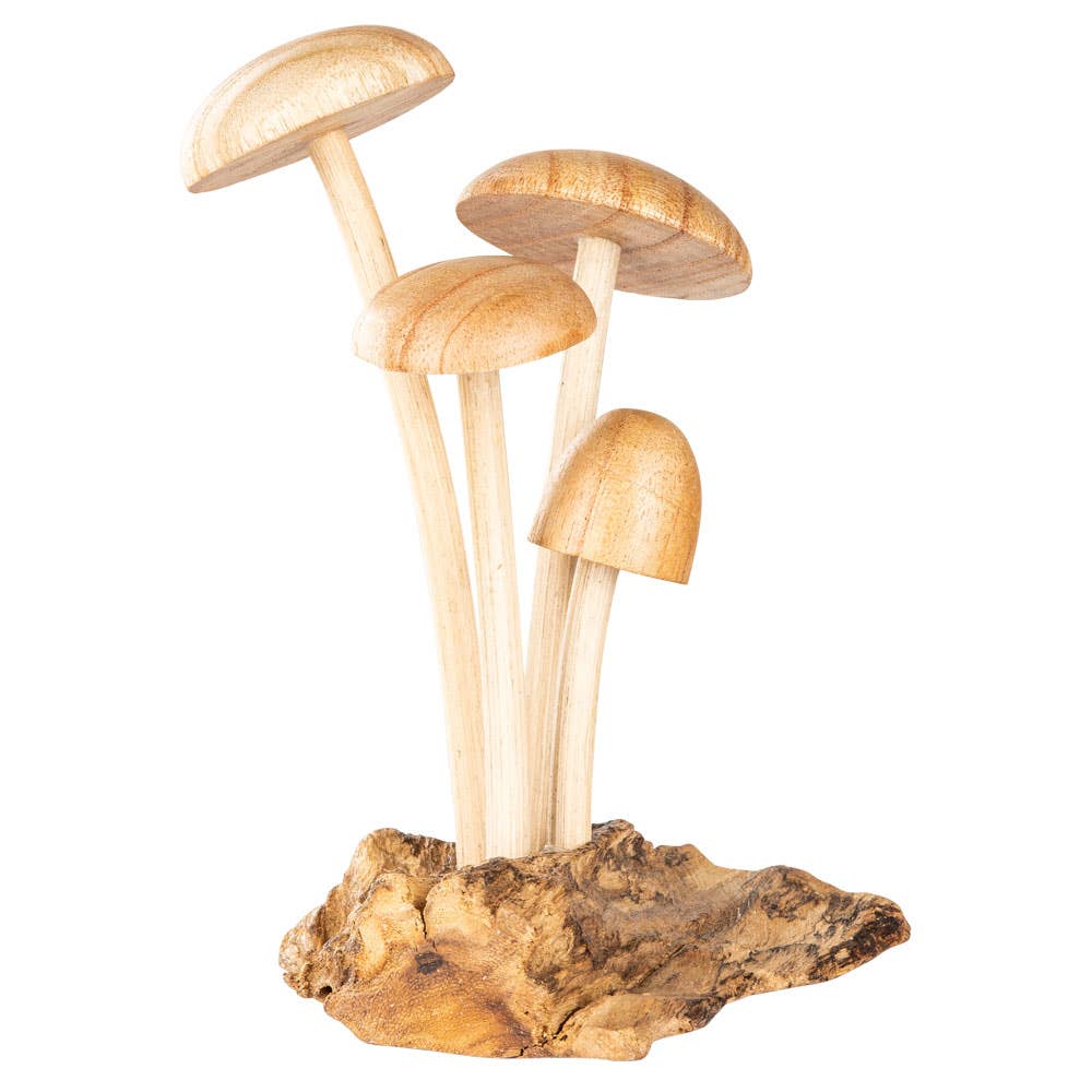 The Small Wooden Natural Mushroom Trio features three wooden mushrooms with light brown caps and long stems, intricately attached to a textured brown wooden base that mimics mushrooms sprouting from a log. This decorative figurine is perfect as driftwood decor, bringing natural charm to any space.
