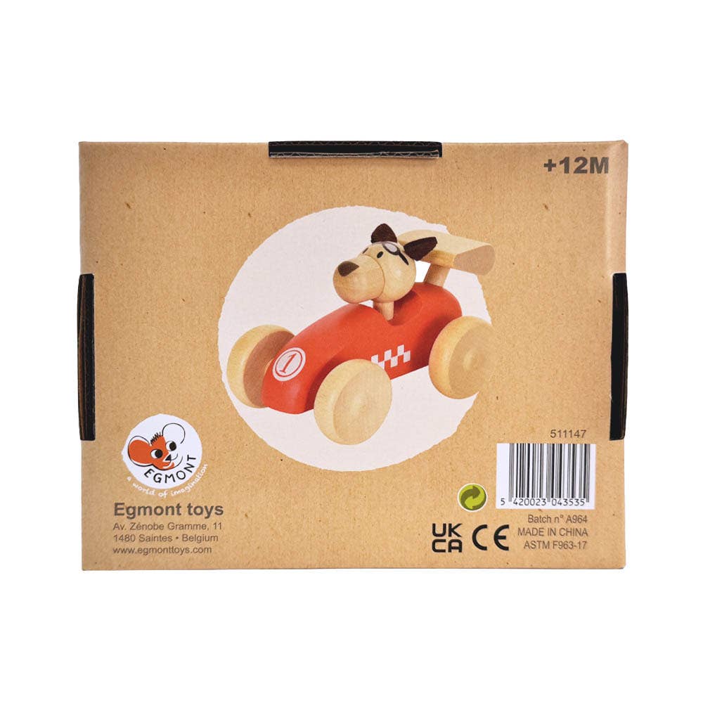 A brown box featuring an illustration of the Wooden Race Car Toy with Dog Driver. The box displays Egmont Toys branding and safety certifications, and indicates the red sports car toy is suitable for children aged 12 months and older.