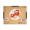 A brown box featuring an illustration of the Wooden Race Car Toy with Dog Driver. The box displays Egmont Toys branding and safety certifications, and indicates the red sports car toy is suitable for children aged 12 months and older.