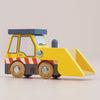 The No. 38 GT220 Vince, made in England, is a yellow wooden toy construction vehicle featuring black wheels, red and white stripes, and a gray roof. Designed to resemble a wooden front loader, it is shown on a plain light background—perfect for imaginative play and construction adventures.