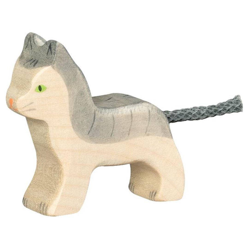 The Holztiger Cat, Small is a handcrafted wooden figurine featuring gray and white coloring, green eyes, a pink nose, and a braided gray string tail—made in Europe.