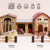 The Wooden Farmyard Stables includes a pigsty, fences, and two brown horses. Illustrated icons highlight coordination, imagination, dexterity, and social skills. Made from FSC-certified wood with clear text labels for each piece.