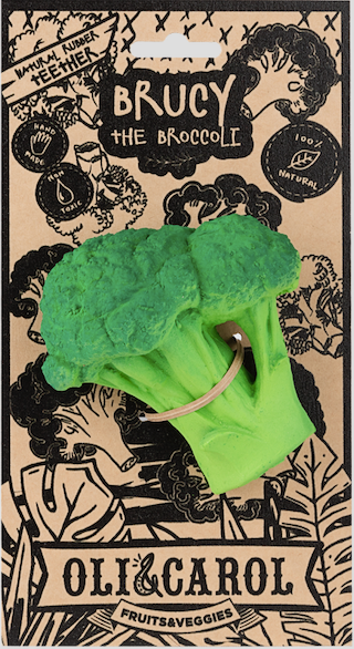 Brucy the Broccoli Teething Toy, a green broccoli-shaped baby toy made from natural rubber, comes on brown cardboard backing with black broccoli illustrations and "Oli & Carol Fruits & Veggies" text—perfect for sensory play.