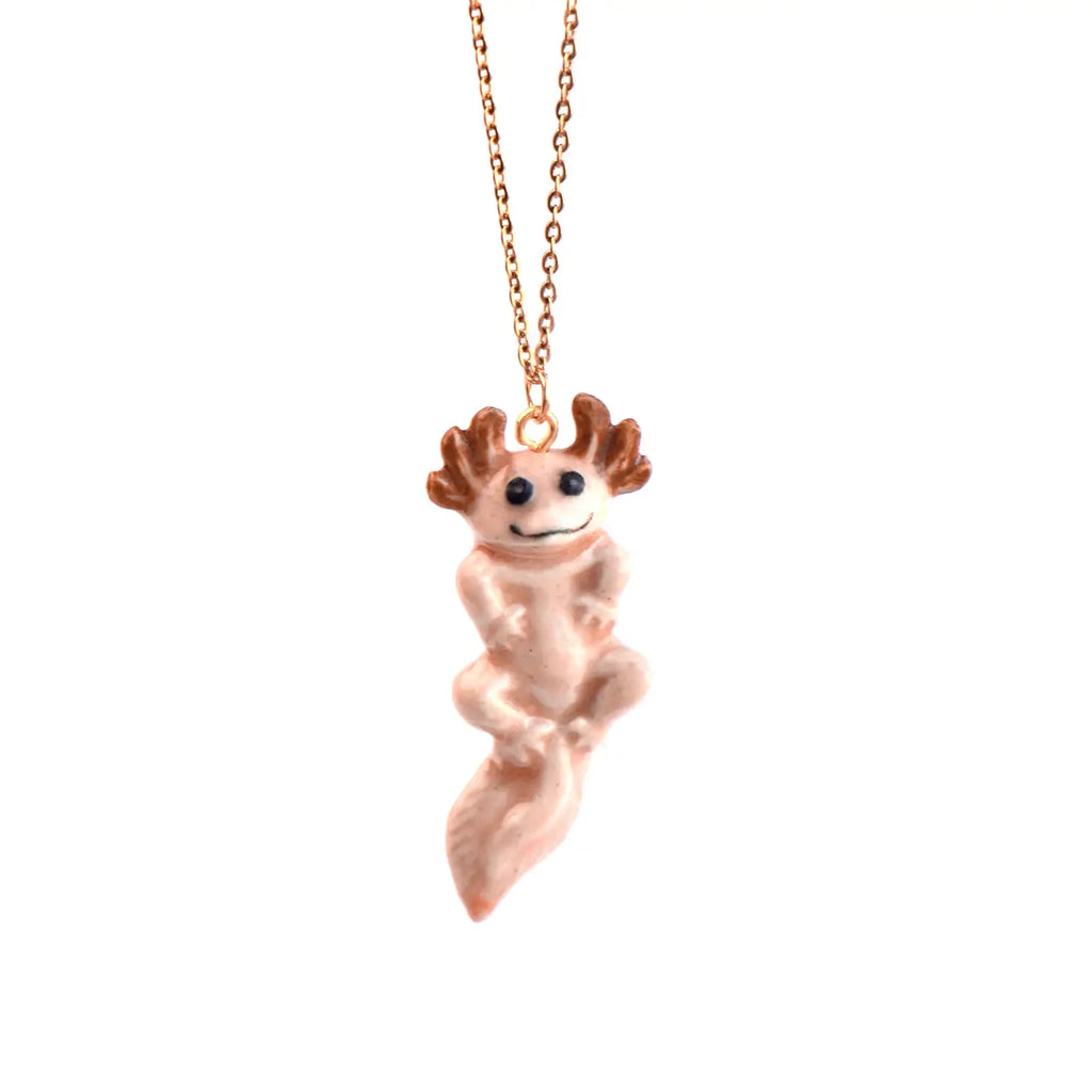 A whimsical pendant featuring a smiling Axolotl Salamander Necklace hanging from a 24k gold plated chain, depicted in a delicate rose gold finish on a plain white background.