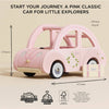 Sophie's Dolls House Toy Car, a pink retro wooden car with floral details, is shown beside a small suitcase. Dimensions: 125mm H x 215mm W x 105mm D. This educational toy is eco-friendly and plastic-free.
