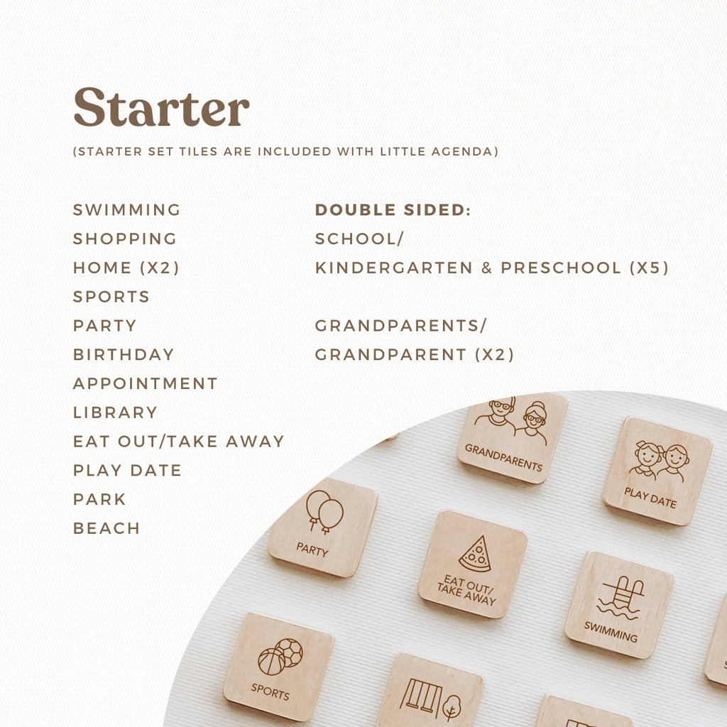 A set of starter tiles for the Second Scout | Magnetic Agenda Calendar includes wooden pieces with simple icons and labels for activities like swimming, shopping, home, sports, and party, neatly arranged at the bottom right.