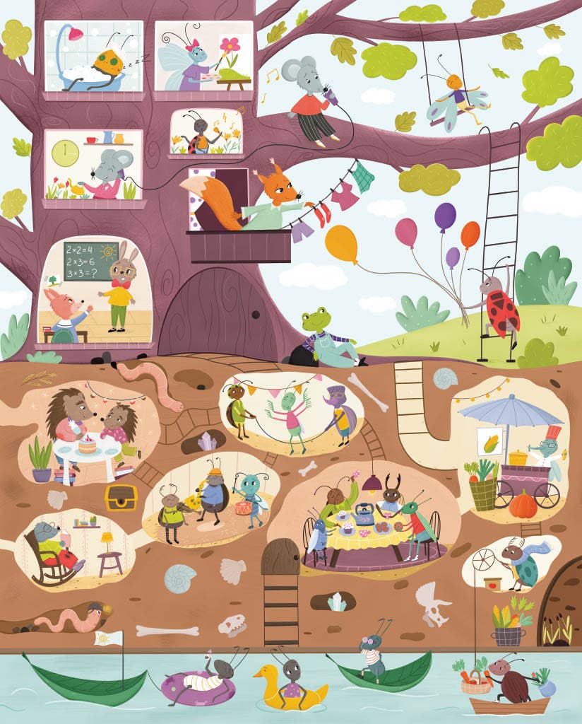The Beneath the Branches 200 Piece Puzzle features a vibrant treehouse scene with mice, a fox, and an elephant playing above ground, while animals eat, dance, and relax underground. Ducks and a fish swim in the water below.