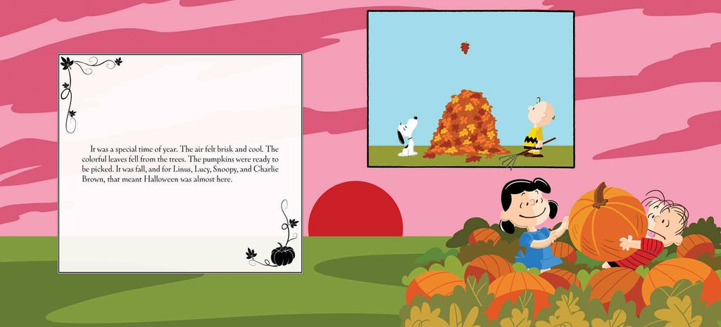 Lucy and Linus hold pumpkins in a field as Snoopy and Charlie Brown stand by a leaf pile beneath a pink sky in It’s the Great Pumpkin, Charlie Brown by Charles M. Schulz, with text about Halloween’s beginning.