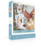 The Sugar Snow - 500 Piece Jigsaw Puzzle by New York Puzzle Company features Loré Pemberton’s illustration of a snowy farm with people, sheep, and a red barn.