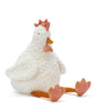 Meet the Charlie the Chicken Stuffed Animal, a plush toy shaped like a chicken with a textured white body. It features pink fabric accents on its comb, wattle, and beak, along with yellow-orange legs and feet. This adorable stuffed animal sits charmingly with its long legs stretched out in front.