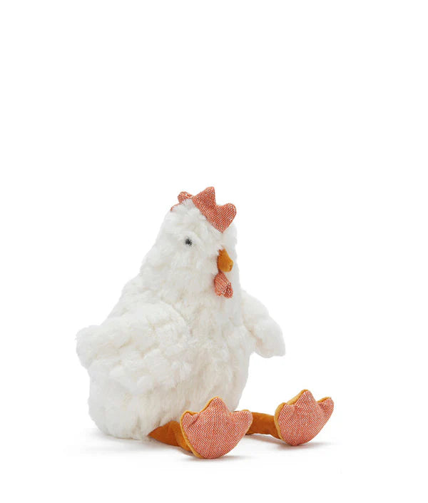 Charlie the Chicken Rattle Stuffed Animal is a plush white chicken with a red comb, wattle, orange beak, and feet. This adorable baby toy encourages action-reaction learning and sits upright against a plain white background.