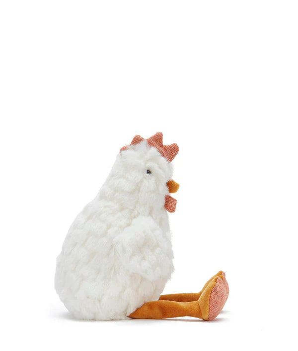 Charlie the Chicken Rattle Stuffed Animal, a plush toy with a white textured body, tan legs, and orange feet and beak, sits upright facing left on a plain white background—ideal for action-reaction learning for babies.
