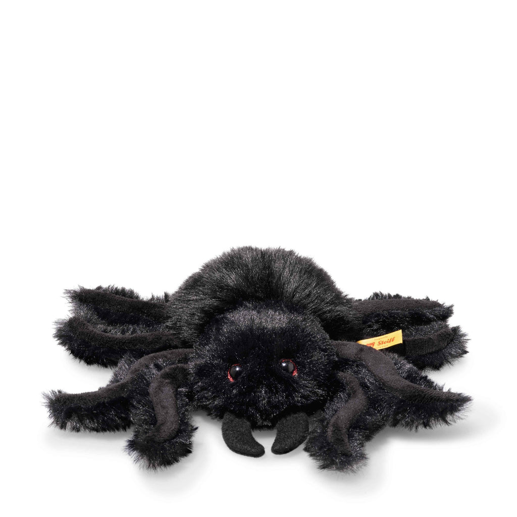 Steiff Cobweb the Spooky Spider plush features fuzzy black fur, eight legs, red eyes, and a small brown ear tag—perfect for any Halloween Friends collection.
