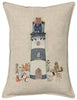 Introducing the Coral & Tusk Lighthouse Friends Pocket Pillow, a charming decorative pillow made from 100% linen. This delightful piece features an embroidered design of a lighthouse with a Lighthouse Keeper Bear standing at the top. Surrounding the lighthouse are various embroidered animals, including rabbits, squirrels, a fox, and a snail, creating an enchanting nautical scene against the neutral fabric background.