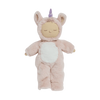 Introducing Olli Ella Cozy Dinkum Doll Unicorn - Sugarpie, a plush doll in a soft beige unicorn costume with a purple horn, shimmering wings, serene closed eyes, fluffy ears, white belly, and small hands and feet.