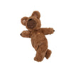 The Olli Ella Cozy Dinkum - Teddy Mini is a brown-skinned plush toy in a fuzzy bear costume with ears, lying on its back with closed eyes and an embroidered rainbow on its chest.