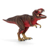 A Schleich Red Tyrannosaurus Rex Dinosaur Toy featuring dark brown and red coloring, standing on two legs with its mouth open to reveal sharp teeth.