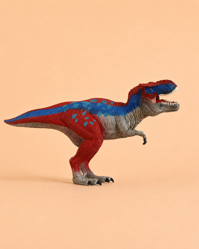 A Schleich Tyrannosaurus Rex Blue Dinosaur Toy, colored red, blue, and gray, stands on a plain beige background with its mouth open and tail extended.