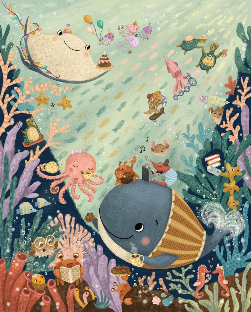 Dive into fun with the Tales from the Deep 100 Piece Puzzle! Enjoy a smiling whale sipping tea, an octopus knitting, crabs making music & more—all set in vibrant coral reefs. Whimsical puzzling adventure for ages 5+.