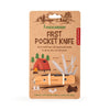 The Huckleberry Pocket Knife (Not a Toy) is a children’s 4-in-1 tool with a beechwood handle, featuring blade, saw, scissors, and awl. It comes on camping-themed cardboard packaging from Huckleberry by Kikkerland.