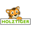 Cartoon tiger smiling and holding a white sign with green text that reads “HOLZTIGER,” representing the Holztiger Penguin, Small, Head Raised—an adorable handcrafted wooden toy made in Europe.