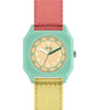The Mini Kyomo Watch - Bubble Gum features a mint green square case, peach face, white numerals, red minute markers, and color-blocked bands—perfect as a kids watch. Time on display: 10:10.