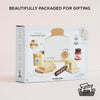 The Pop-up Toaster & Breakfast Set, made from FSC-certified wood for ages 3+, includes bread, butter, jam, and a knife. Ships in one week and comes in 100% recyclable packaging—perfect for pretend play and gifting.