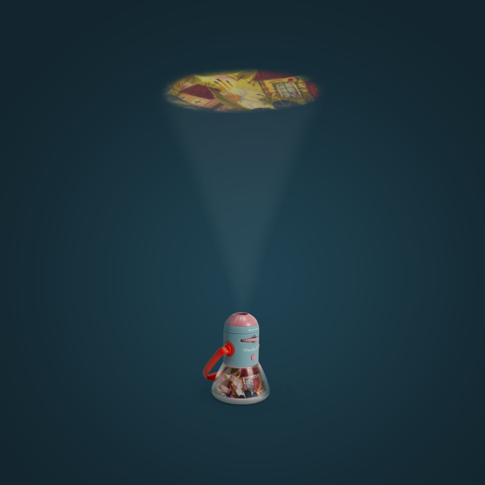 The Moulin Roty Storybook Lantern - The Minouchkas projects a colorful, comic-style image onto the ceiling above, casting a cone-shaped beam of light like a child’s nightlight on a dark background.