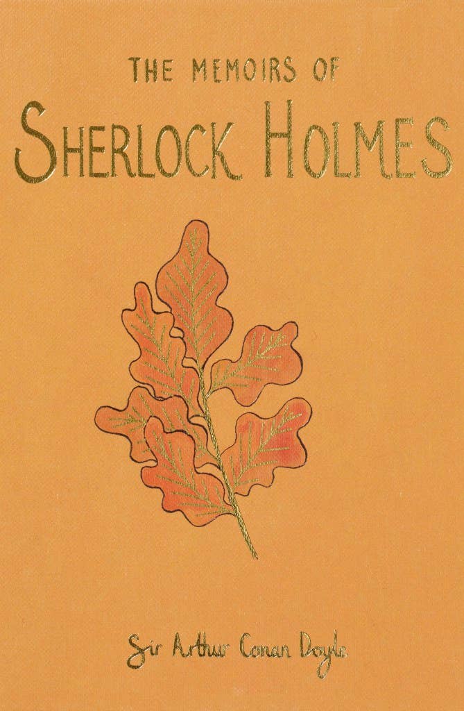 The cover of "The Memoirs of Sherlock Holmes | Collector's Ed. | Hardcover" by Arthur Conan Doyle features an illustration of an orange and red oak leaf on a vivid yellow-orange backdrop.