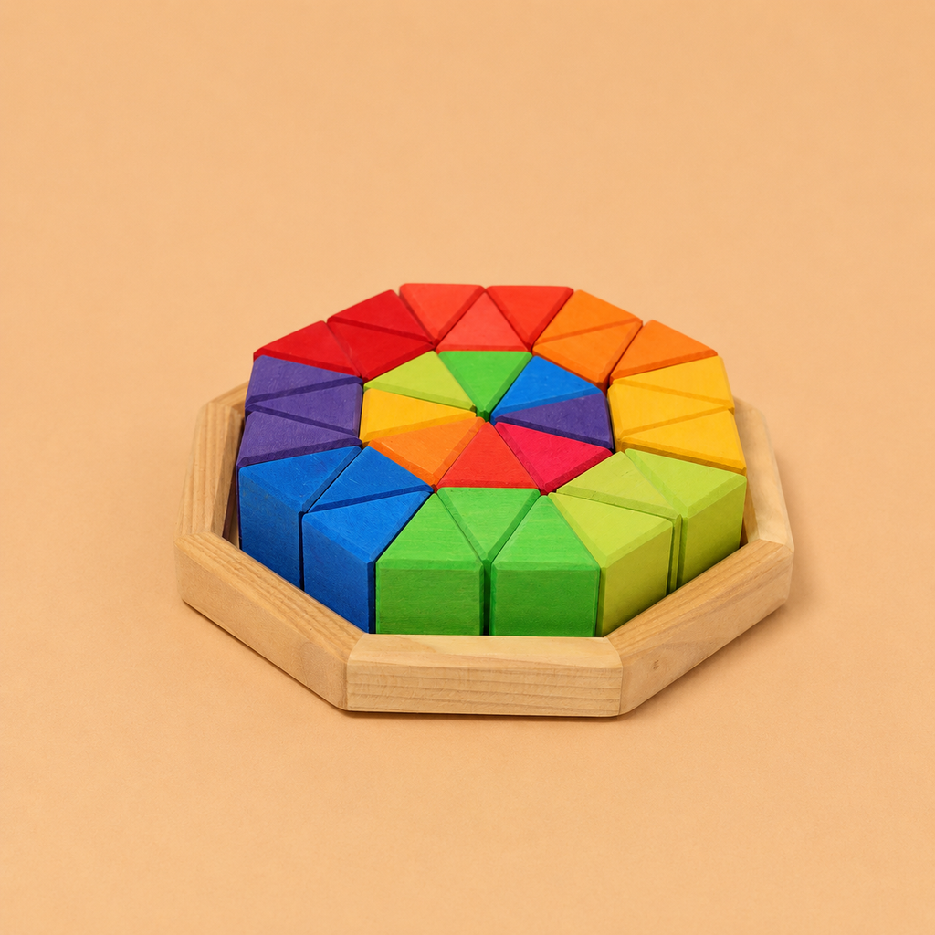 The Grimm’s Medium Octagon features colorful geometric wooden pieces, including triangle blocks, arranged in a circular pattern within an octagonal frame and displayed against a beige background. Crafted from non-toxic wood, it’s perfect for fans of geometric building toys.