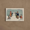 The Coral & Tusk Snowman Card features an embroidered fox, bear, and wolf building a snowman, with a rabbit and mouse on a sled, set against a pale green and beige background—perfect for winter decor or season’s greetings.