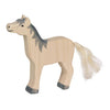 The Holztiger Grey Horse, Head Raised features a light natural wood finish, gray painted mane, tail, and hooves, a black smile and eye. Handcrafted in Europe with a string tail—classic Holztiger quality.