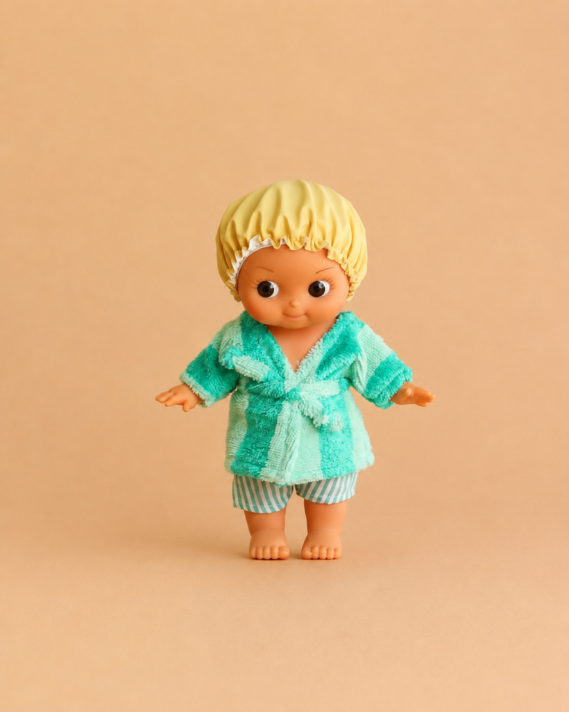 The Minikane Mini Pancha Doll - Basile with Green Striped Bath Set features a big-eyed doll dressed in a yellow shower cap, green robe, and striped shorts, standing barefoot on a beige background—perfect for imaginative play.