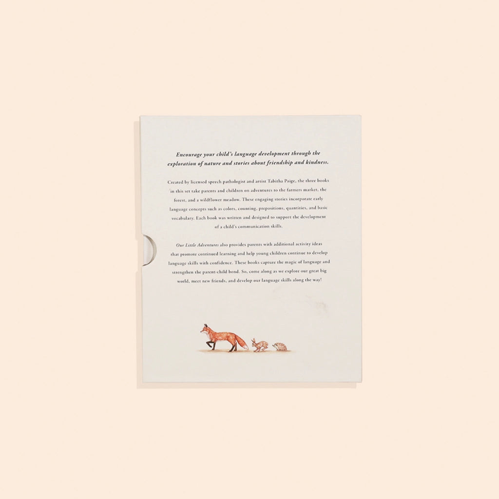 Our Little Adventures Book Box Set is an open board book set on a beige background, displaying text with a small illustration of two red foxes at the bottom of the right page.