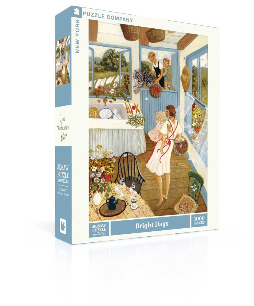 Bright Days - 1000 Piece Jigsaw Puzzle features an illustration of two women in a cozy, flower-filled kitchen with blue accents, open windows, and a garden view.