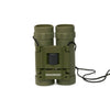 Huckleberry Binoculars: olive green kids' binoculars with a black adjustment knob, "HUCKLEBERRY" in white on the front, and a black neck strap—ideal for young explorers or bird watching kits.