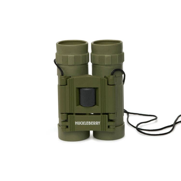 Huckleberry Binoculars: olive green kids' binoculars with a black adjustment knob, "HUCKLEBERRY" in white on the front, and a black neck strap—ideal for young explorers or bird watching kits.