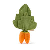 Cathy the Carrot Mini DouDou Teether features an orange natural rubber base and green fabric leaves, designed like a cute cartoon carrot to support your baby’s sensory development.