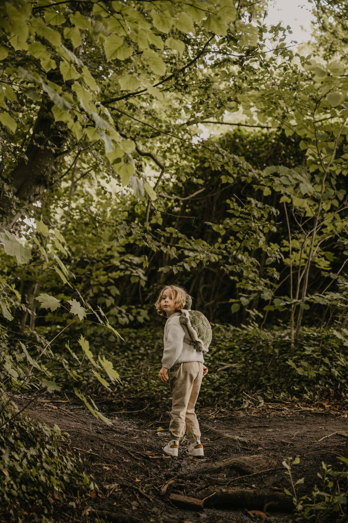 A young child with the Children's Backpack - Turtle, featuring adjustable shoulder straps, stands on a forest path. Sunlight filters through the trees, adding to the playful, adventurous mood as they look back over their shoulder.