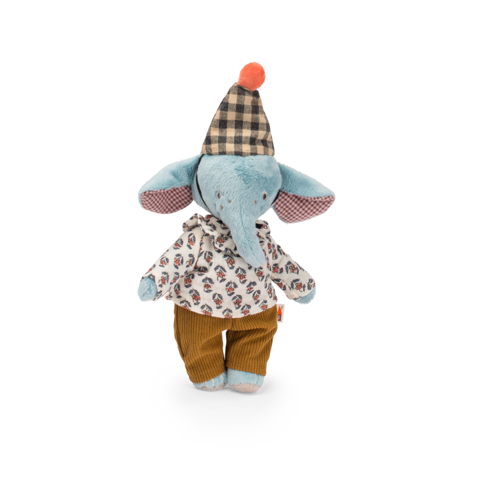 Moulin Roty Pablo the Elephant - The Minouchkas is a plush toy dressed in a patterned shirt, brown corduroy pants, and a checkered hat with an orange pom-pom, standing upright against a plain white background.