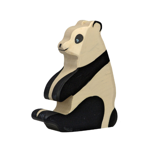 The Holztiger Panda Bear, Sitting is a handcrafted wood toy painted black and white, featuring bent arms and legs. Made in Europe, it’s part of the charming Holztiger figures collection. Displayed upright on a plain white background.