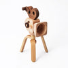 The Father’s Factory | Super 16 Pro Wooden Toy Camera with Tripod features three tripod legs, a lens, geometric wood shapes, and a kaleidoscope viewfinder—perfect for pretend play and shown on a plain white background.