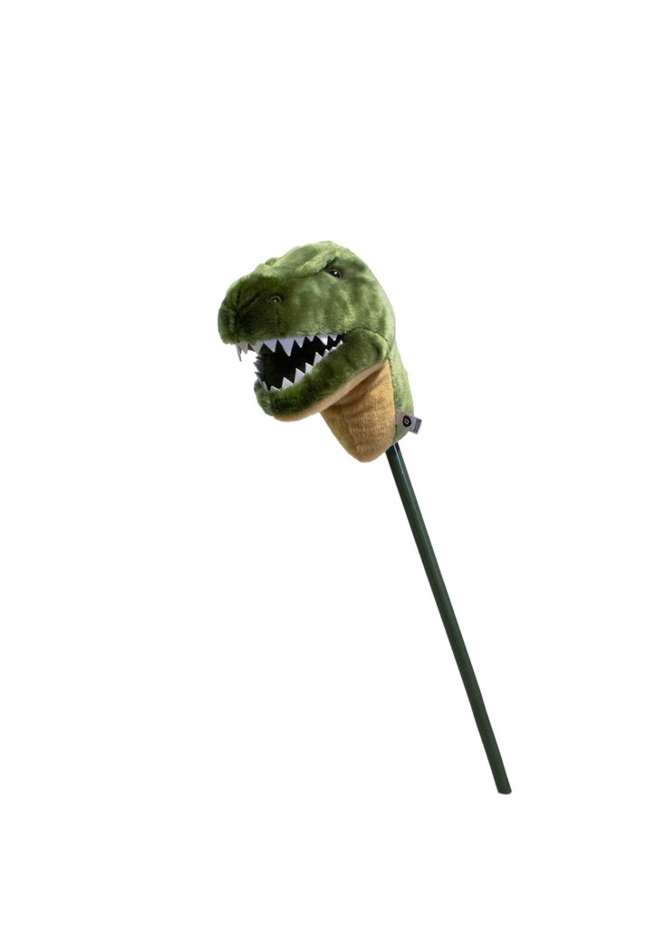 The Hobbyhorse - T-Rex Dino features a green plush dinosaur puppet head with white felt teeth on a dark green stick, ideal for imaginative play or as part of your stick animal collection, shown against a plain white background.