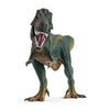 A Schleich Tyrannosaurus Rex Dinosaur Toy with Movable Jaw, featuring green and brown coloring, stands on two legs with its mouth open to reveal sharp teeth against a white background.