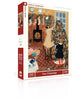 Tree Trimmings - 1000 Piece Jigsaw Puzzle features a Loré Pemberton illustration of two girls decorating a tree in a cozy room with fireplace, stockings, and festive holiday décor.