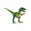 The Schleich Velociraptor Dinosaur Toy features a green and yellow dinosaur standing on two legs with its mouth open, teeth visible, and claws raised, closely resembling a Velociraptor. This educational figurine makes an excellent addition to any Schleich toy collection.